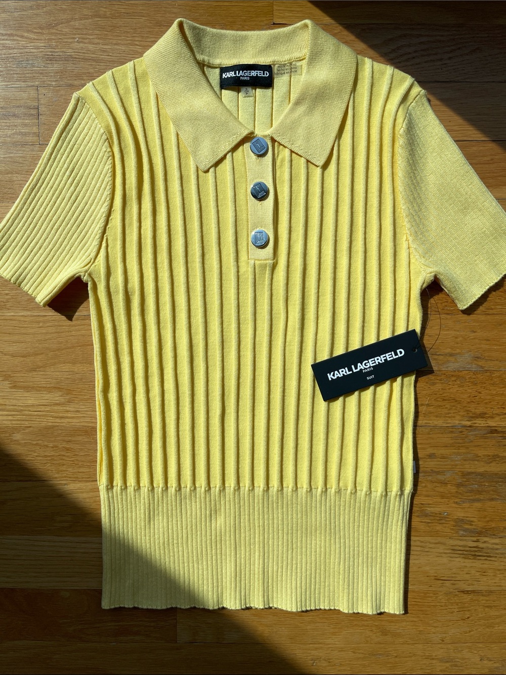 Karl Lagerfeld Women’s Yellow Ribbed Short-Sleeve Polo